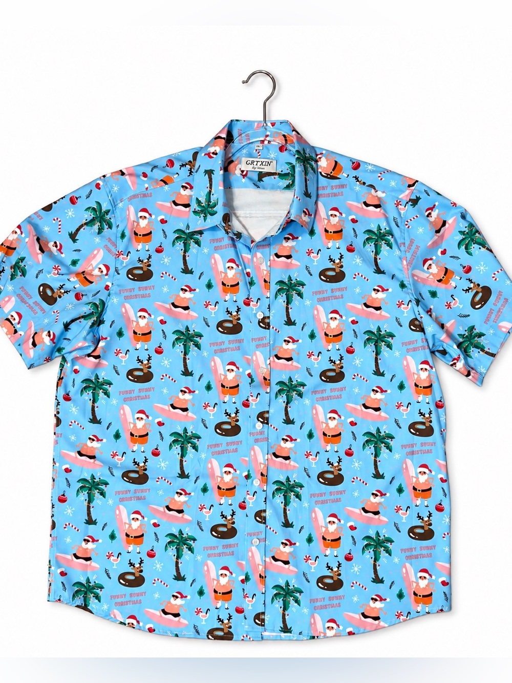 GRTXIN Men’s XL Funny Sunny Christmas Hawaiian Shirt Surfing Santa Blue